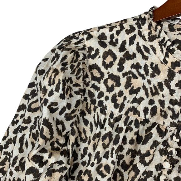 J Crew Blouse Button Front Ruffleneck Popover Leopard Print Cotton Women's S - Picture 5 of 9